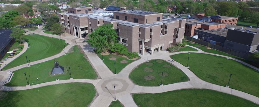An elevated view of the University Commons pathways and Bernard Brommel Hall