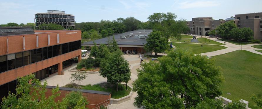 An elevated view of the Student Union building and the University Commons