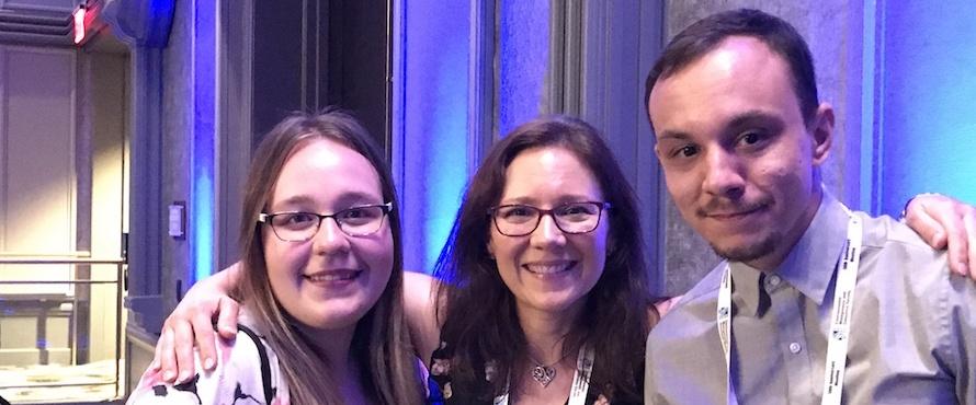 Photo of Elyse Bolterstein (center) with biology students Vada Becker and Derek Epiney at the Environmental Mutagenesis and Genomics Conference. 