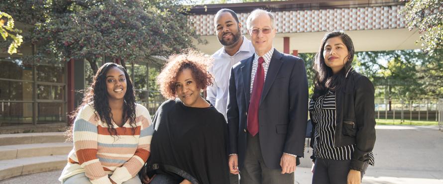 College of Graduate Studies and Research Dean Michael Stern (second from right) poses with DFI Fellows (from left) Candice Graddy, Cherry Blakley, Phillip Lucas and Flor M. Reza.
