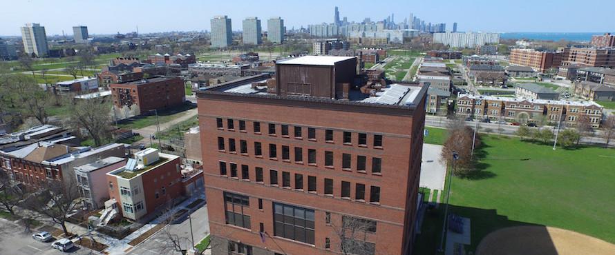 An elevated view of the exterior of the Carruthers Center building