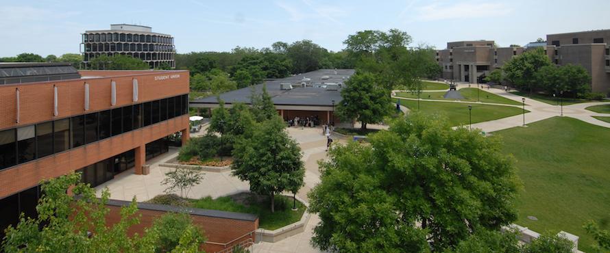 An elevated view of the University Commons and the Student Union Building exterior