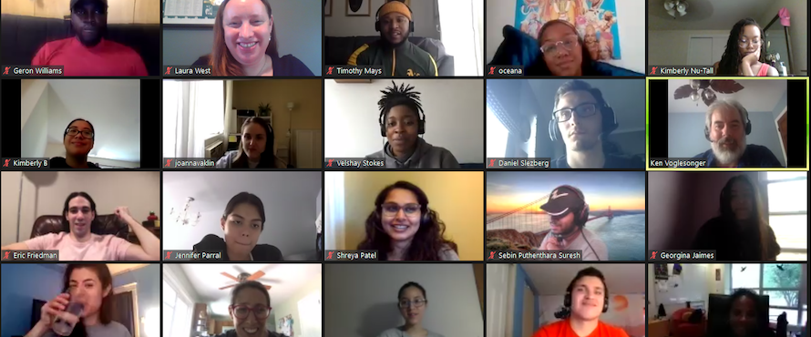 A screenshot of a remote video meeting with 20 participants shown in individual frames