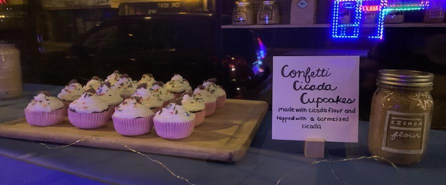 A dozen pink cupcakes rest on a wooden board next to a sign that reads Confetti Cicada Cupcakes
