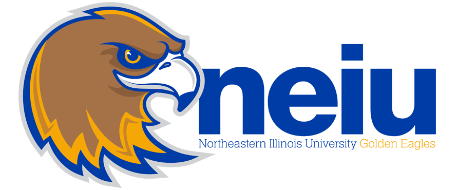 An illustrated golden eagle's head rendered in shaded of brown, gold and blue and the letters NEIU