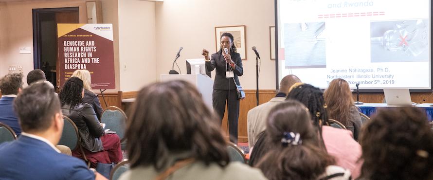 A photo of GHRAD Center Director Jeanine Ntihirageza presenting during the 2019 Genocide and Human Rights in Africa and the Diaspora Conference.