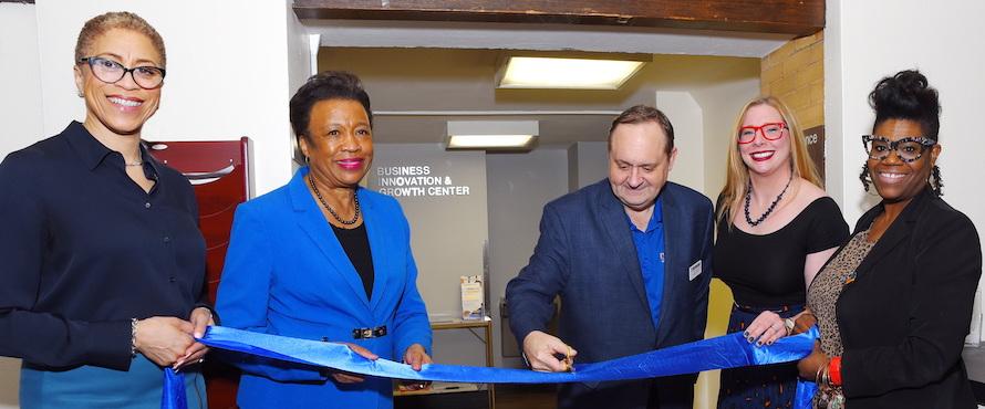 A photo of Interim Provost and Vice President of Academic Affairs Andrea Evans, President Gloria J. Gibson, Dean Michael Bedell, Jessica Mueller and Interim Director of CCICS Akua Cason during the ribbon cutting of the BIG Center on May 4, 2023. 