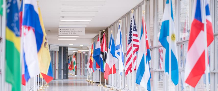 A photo of flags from numerous countries lining the hallway that connects Northeastern's CBT, C and B buildings
