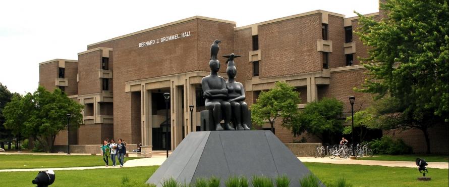 A view of the northern entrance to Bernard Brommel Hall with Serenity sculpture in the foreground
