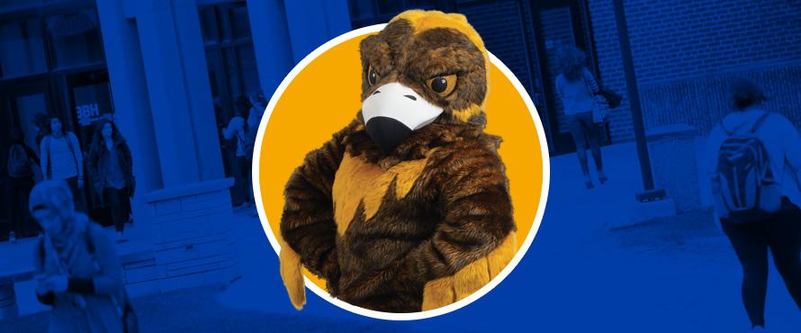 Blue background with Goldie mascot centered in gold circle