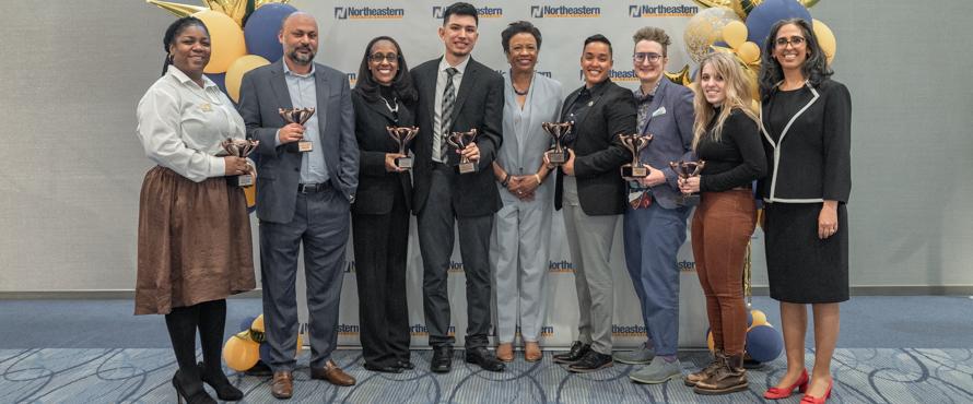DeMara Campbell, Manish Kumar, Nicole Holland, Saul Manon-Arellano, Gloria J. Gibson, Jessie Fuentes, Laurie Fuller, Brooke Mullins and Shireen Roshanravan pose for a photo at the second annual President’s Inclusive Excellence and Diversity Awards.