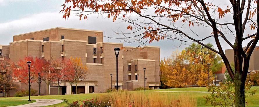 The western exterior of Brommel Hall as seen from the President's Garden.