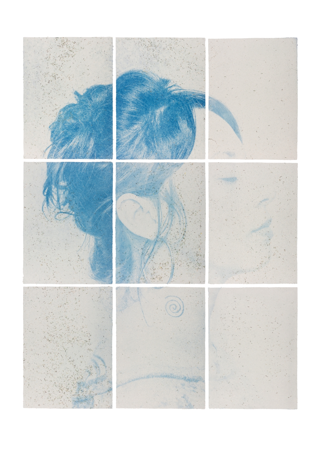 Photographic Portrait of a woman in profile on paper made of shredded US currency, printing in cyan