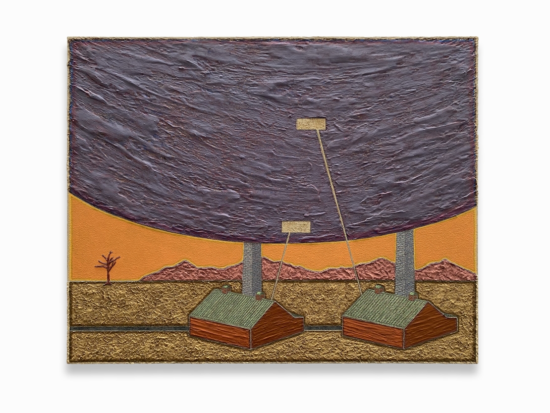 Multi media artwork containing multiple buildings in a landscape