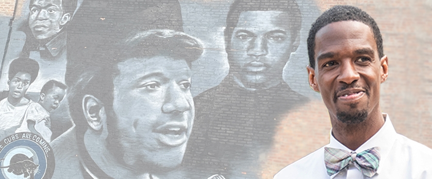 A composite image of Dr. Scott (right) with Andre Trenier’s mural of Fred Hampton in Chicago’s East Garfield Park neighborhood.