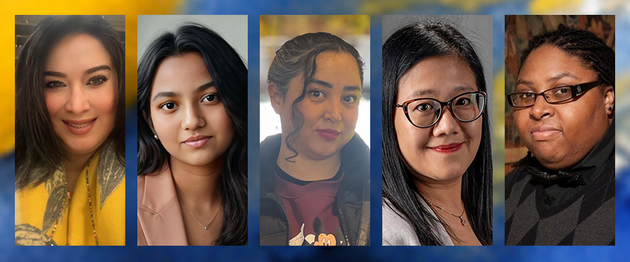 A grid of five headshots (left to right): Mayra Montante, Krishna Parikh, Roqia Alirezaei, Xueijing “Jessie” Bai and Jerusalem L. Singleton. The background is a yellow and blue gradient.