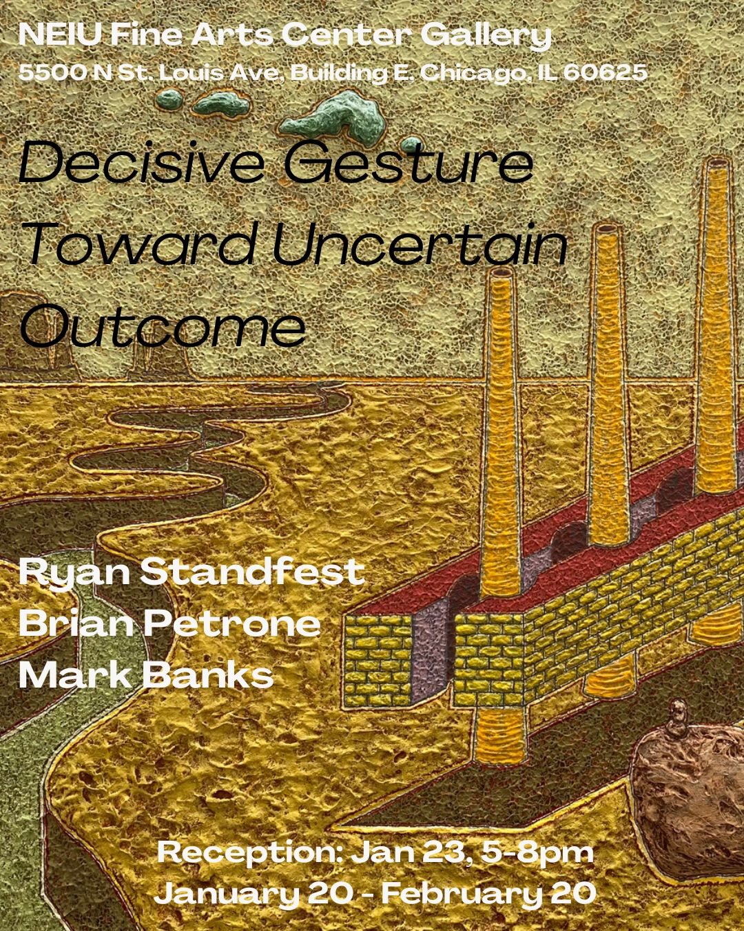 Graphic including Painting by Ryan Standfest for Exhibition Promotion of Decisive Gesture Towards Uncertain Outcome