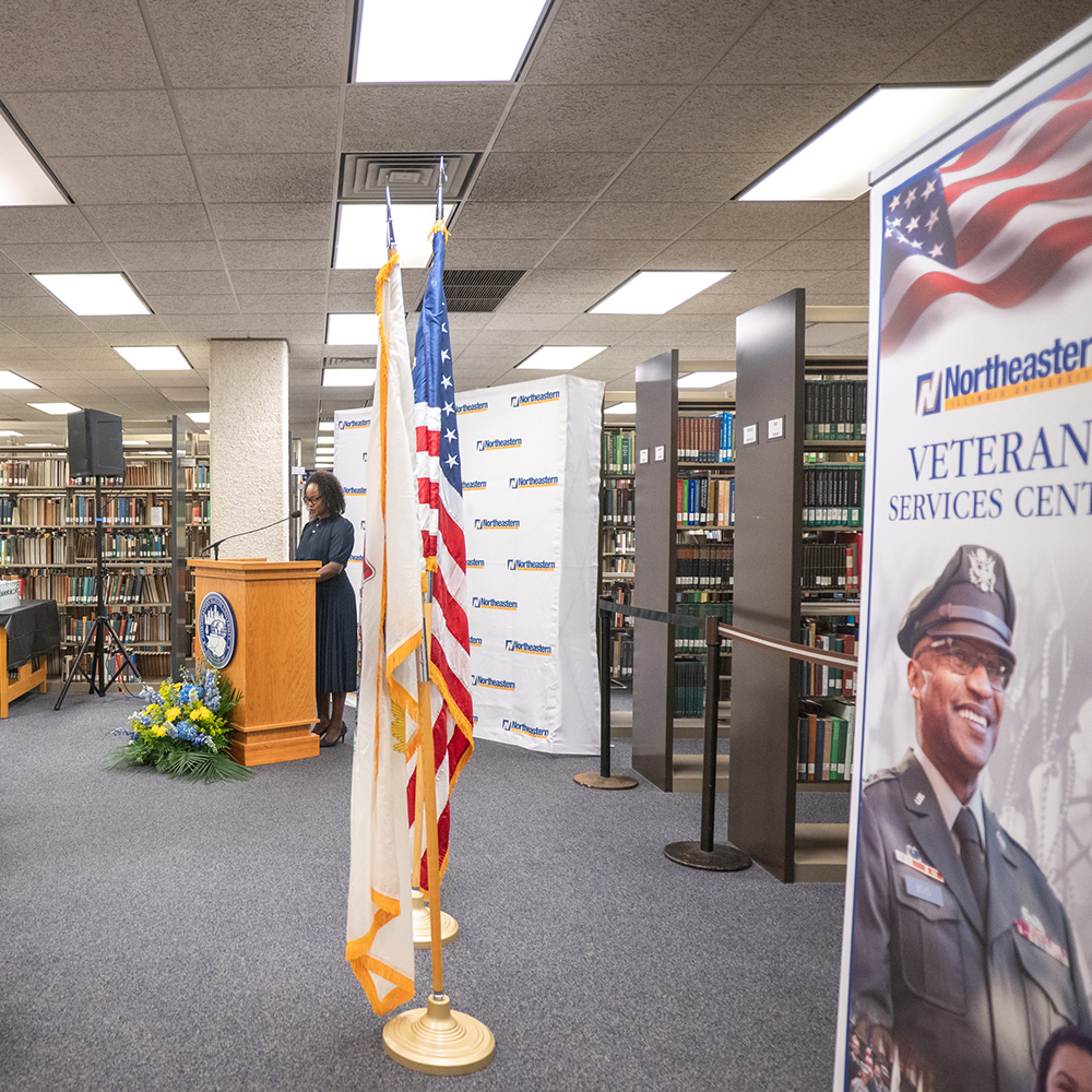 President Bell-Jordan speaking at the Veterans Services ribbon cutting.