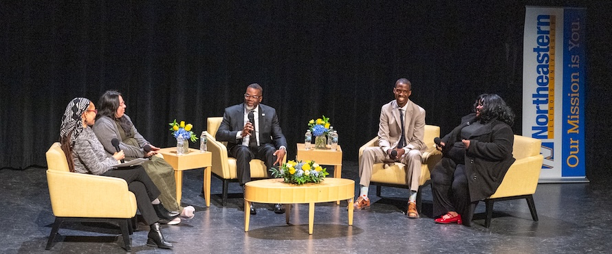A photo of (left to right) Zada Johnson, Ph.D.; Leslie Lozada; Chicago Mayor Brandon Johnson; DeWitt Scott, Ed.D.; and E’Nya “Winter” Terry during the Lakeside Chat held in Northeastern Illinois University's Auditorium on the Main Campus.