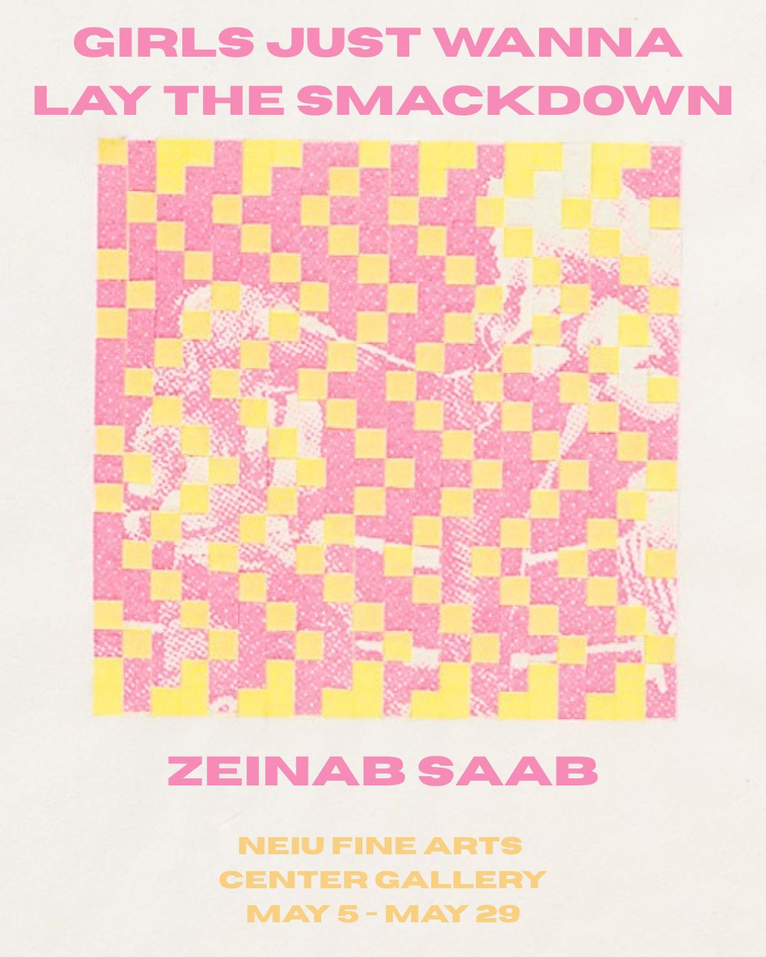 Image of screenprinted pink image of wrestlers woven with yellow paper