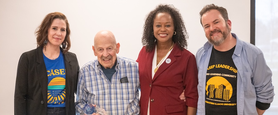 A photo (from left to right) of Jennifer Hasso, Jim Blair, Northeastern President Katrina E. Bell-Jordan and Jeremy Babcock at the CASEP 25th Anniversary Celebration. 