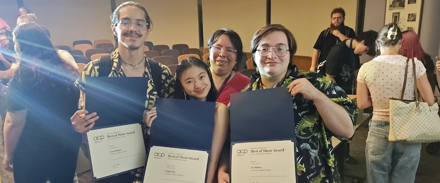 A photo of Daniel Gutierrez, Jaiming Lou, Leslie Lozada and Ryland Roberts at the 2026 Associated Collegiate Press College Media Mega Workshop. Three of them are holding awards.