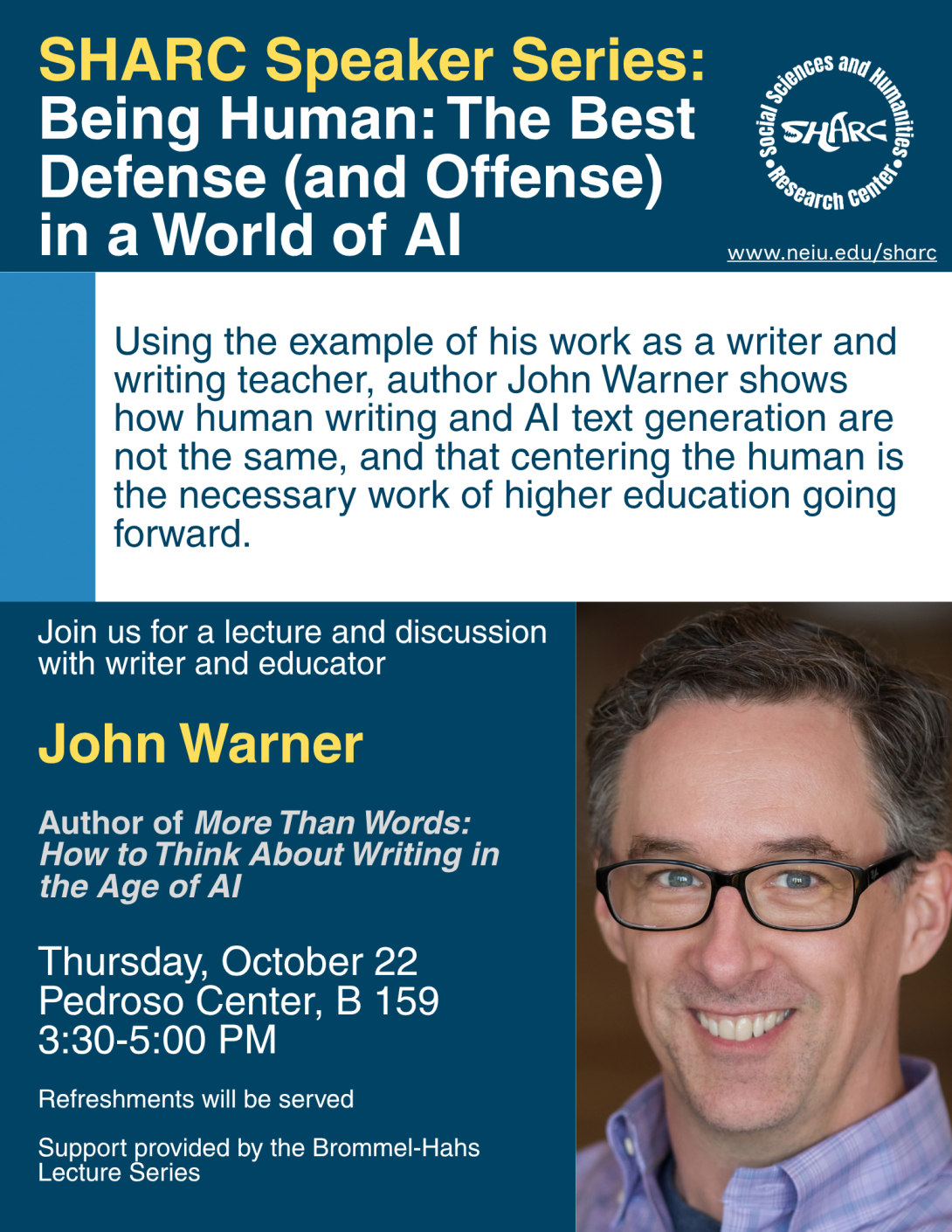 Guest John Warner will discuss AI and writing on October 22, 2026
