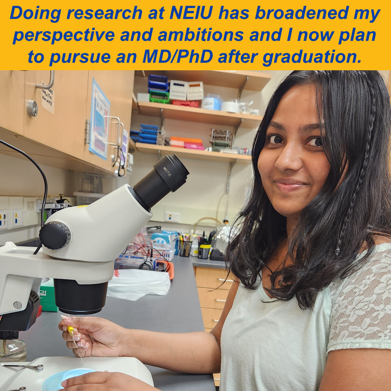 Student with microscope conducting research