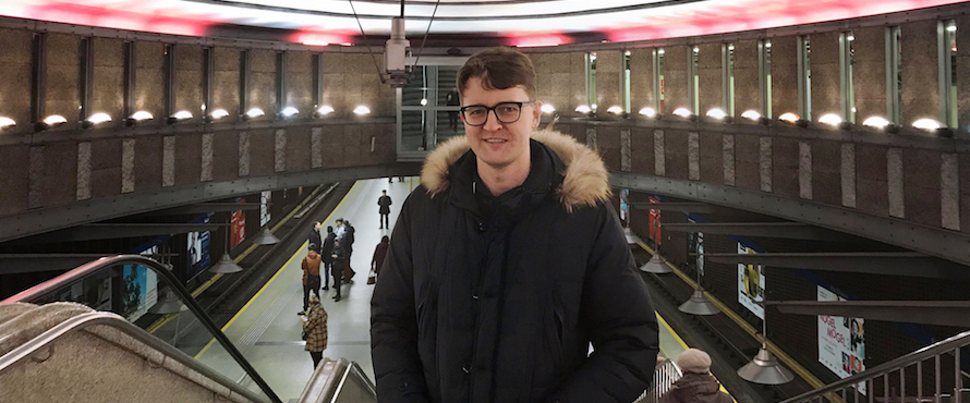 Jonathan Ramsey at a train station in Poland.