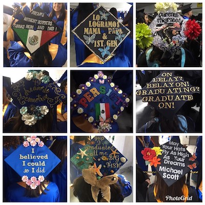 A collage of nine decorated mortarboards