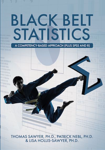 Book cover for Black Belt Statistics with an image of a man wearing karate clothes delivering a flying kick to a sigma symbol 