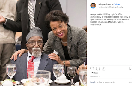 A screen grab of an Instagram post shows President Gibson posing at a formal table with a man.