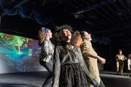 Photo of Genesis Ramos, Natalie Roman (left) and Leylani Medina (right) as they sing their hearts out during a rehearsal of "Footloose" at The Miracle Center.