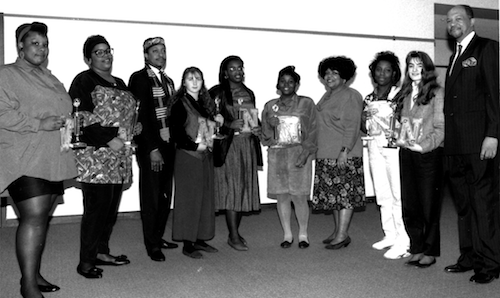 Project Success Award ceremony, 1992, Roosevelt Gordon (right), Marylene Whitehead (4th from right), Johnny Dorsey (3rd from left) and student awardees. (University archive)