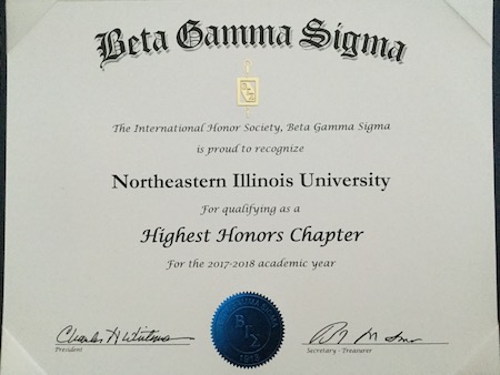 Beta Gamma Sigma certificate honoring Northeastern Illinois University's chapter.
