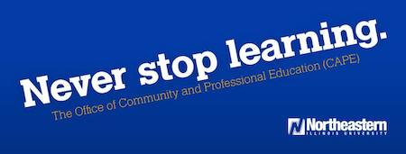 This ad is white text on a blue background that reads: Never stop learning. The Office of Community and Professional Education.