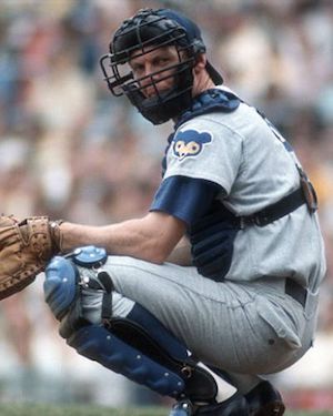 Former Cubs catcher Randy Hundley crouching in full uniform
