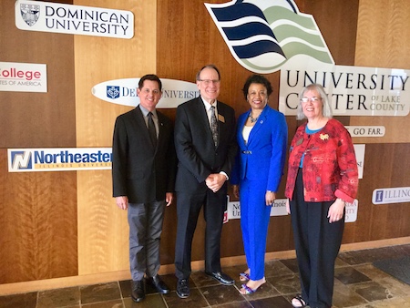 President Gloria J. Gibson with Shayne Cofer, NEIU-UCLC representative; Gary Grace, UCLC dean; and Hillary Ward Schnadt, UCLC associate dean.
