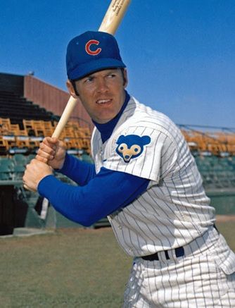 Randy Hundley poses with a bat in his Cubs uniform.