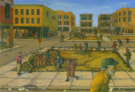 A painting by artist Leo Segedin depicting a street scene