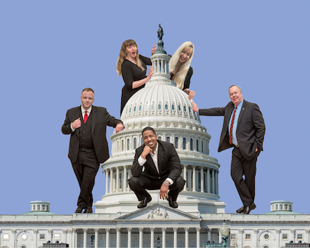 Five members of the improv comedy group The Capitol Steps are shown leaning against the Capitol building in Washington, D.C.